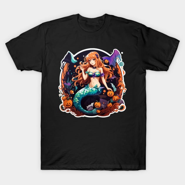 Cute Halloween Mermaid with Pumpkins T-Shirt by MGRCLimon